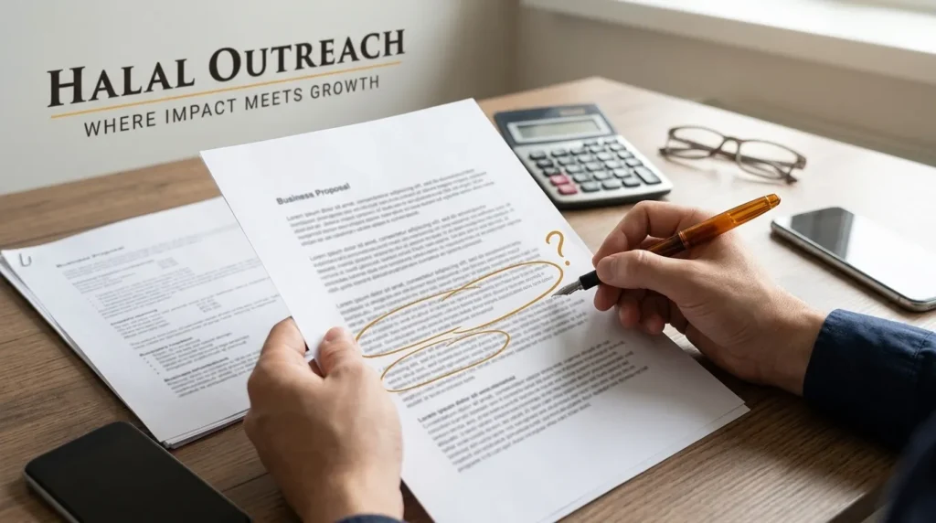 Business owner evaluating an SEO quote by marking questions on a printed proposal before signing