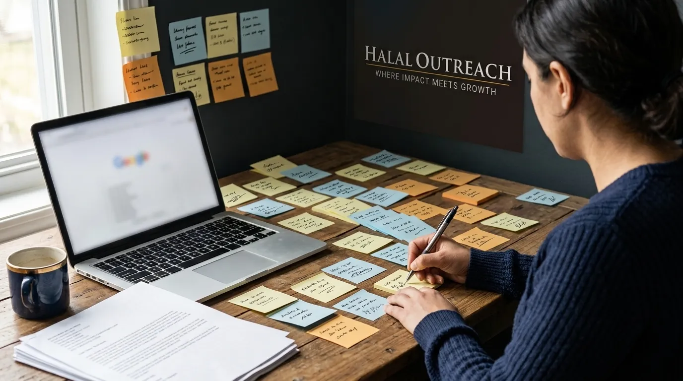 Small business owner doing keyword research by collecting customer phrases on sticky notes beside a laptop