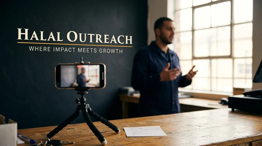 Small business owner filming one monthly YouTube video with a phone on a tripod using window light