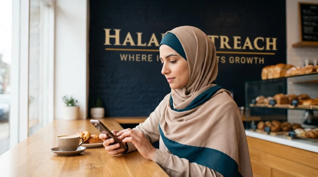Small business owner replying to a customer complaint on her phone at a cafe counter