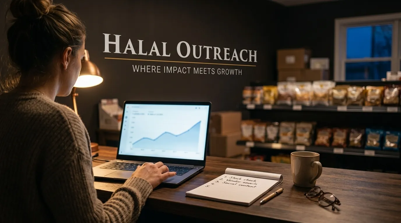 Small business owner working on an SEO improvement plan for their own website with a rising traffic graph on screen