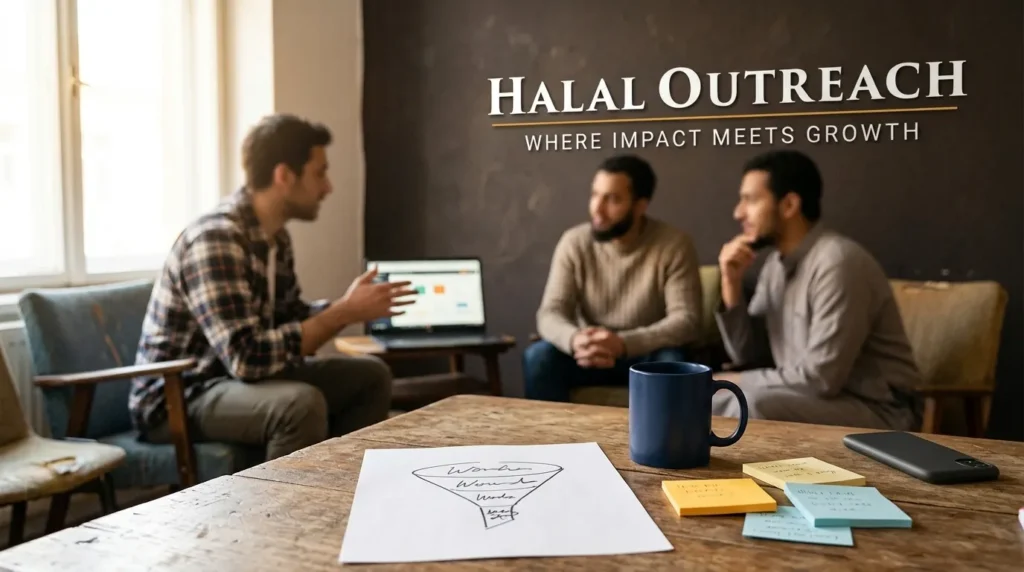 Small nonprofit team planning a digital marketing strategy around a table with a hand drawn donor funnel sketch