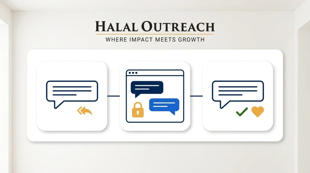 Three step flow showing public reply, private message resolution, then public close of a customer complaint
