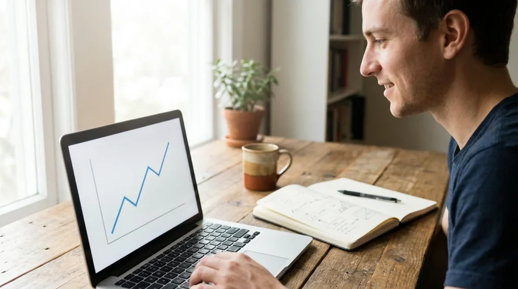 Beginner learning how to get into digital marketing at a laptop with an analytics dashboard and a handwritten five-step plan