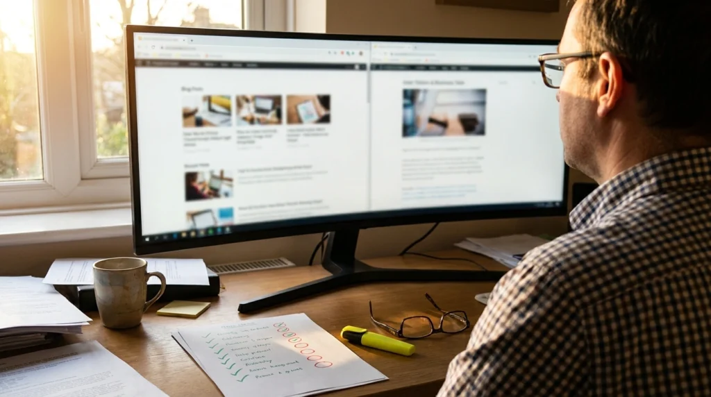 Business owner comparing competitor websites side by side to find keyword and content gaps