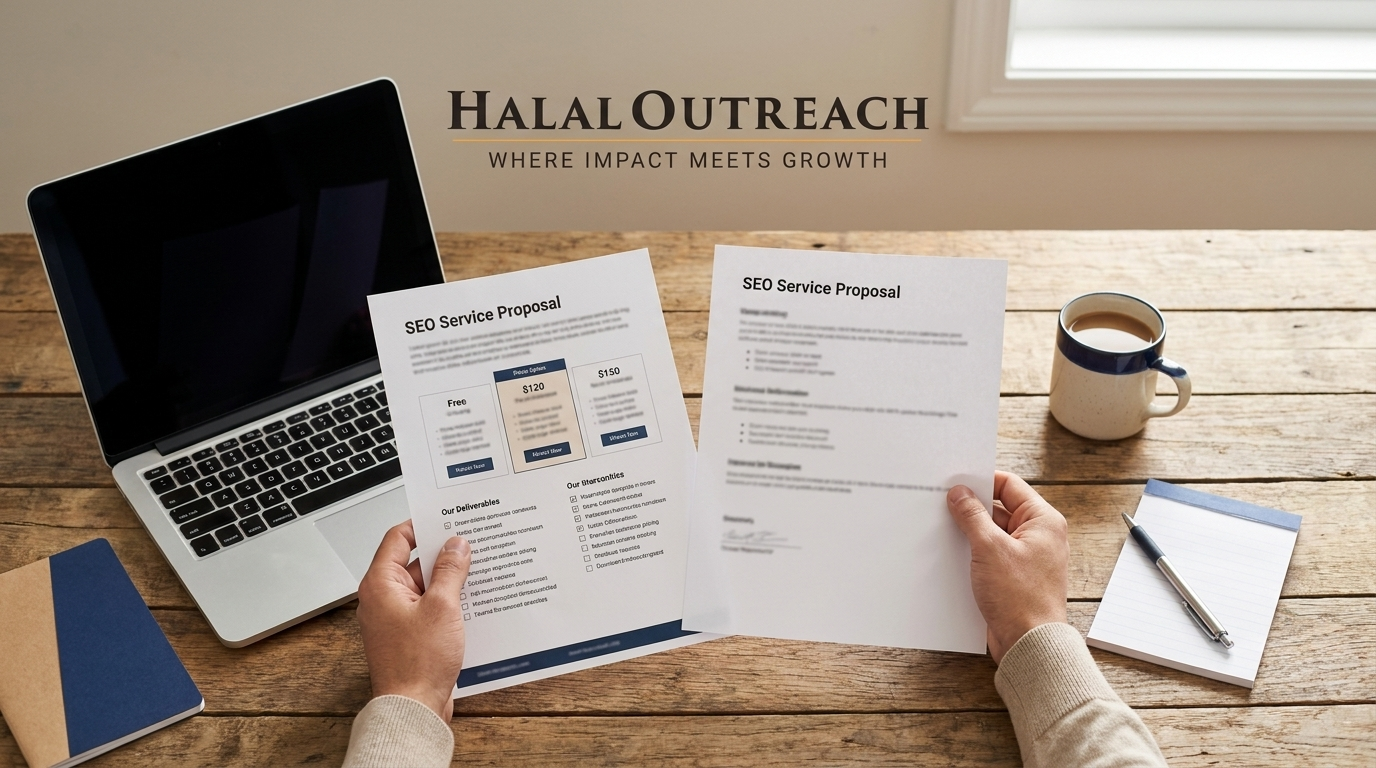 Business owner comparing two SEO service quotes side by side with a deliverables checklist