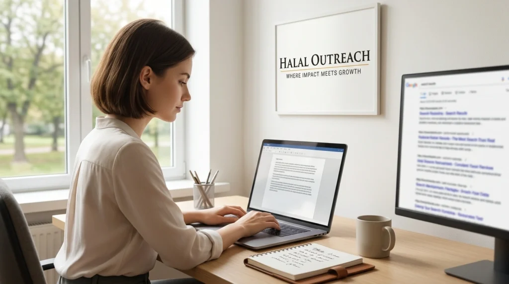 Content writer drafting an article at a desk with a search results page open on a second monitor