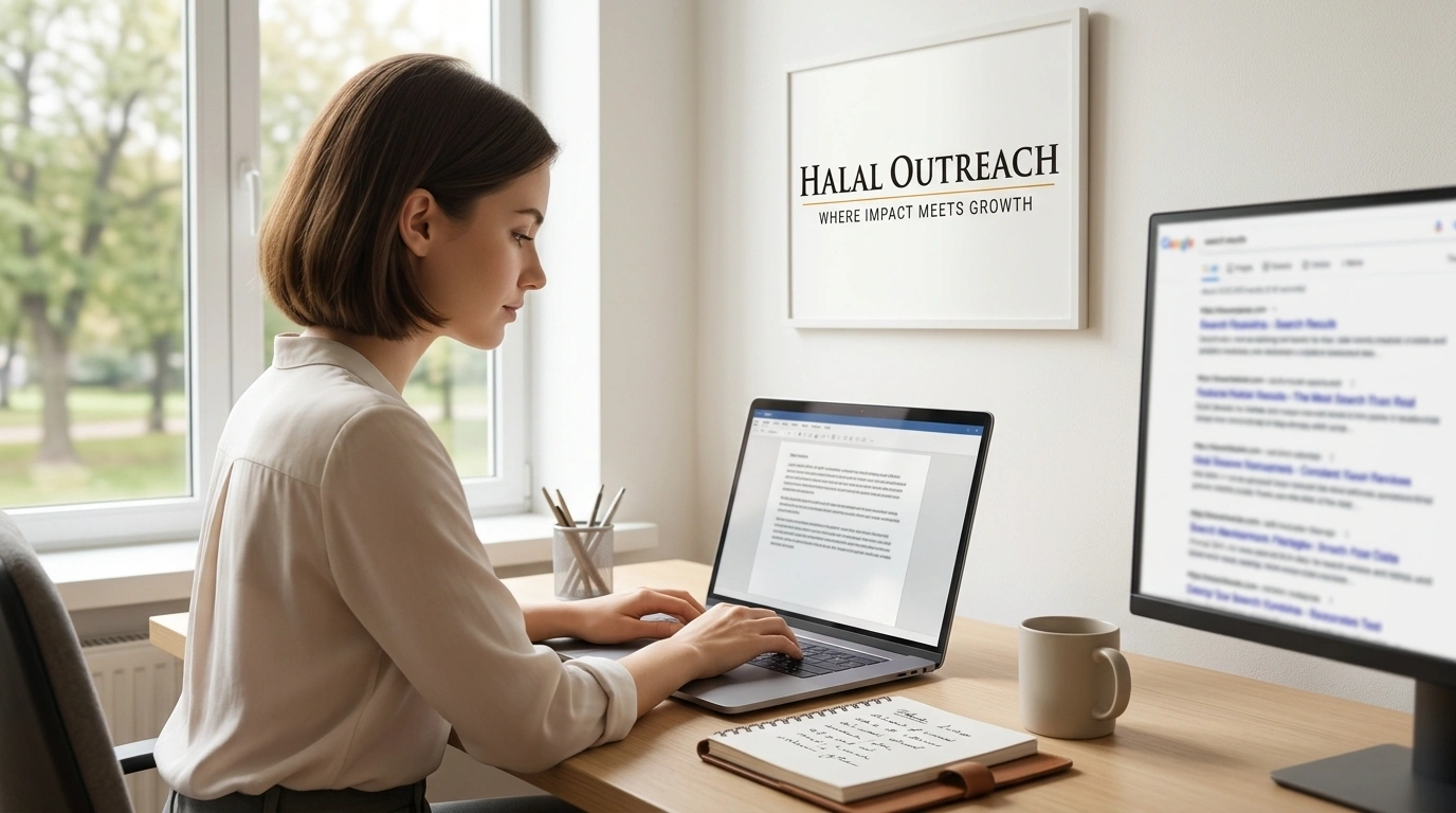 Content writer drafting an article at a desk with a search results page open on a second monitor