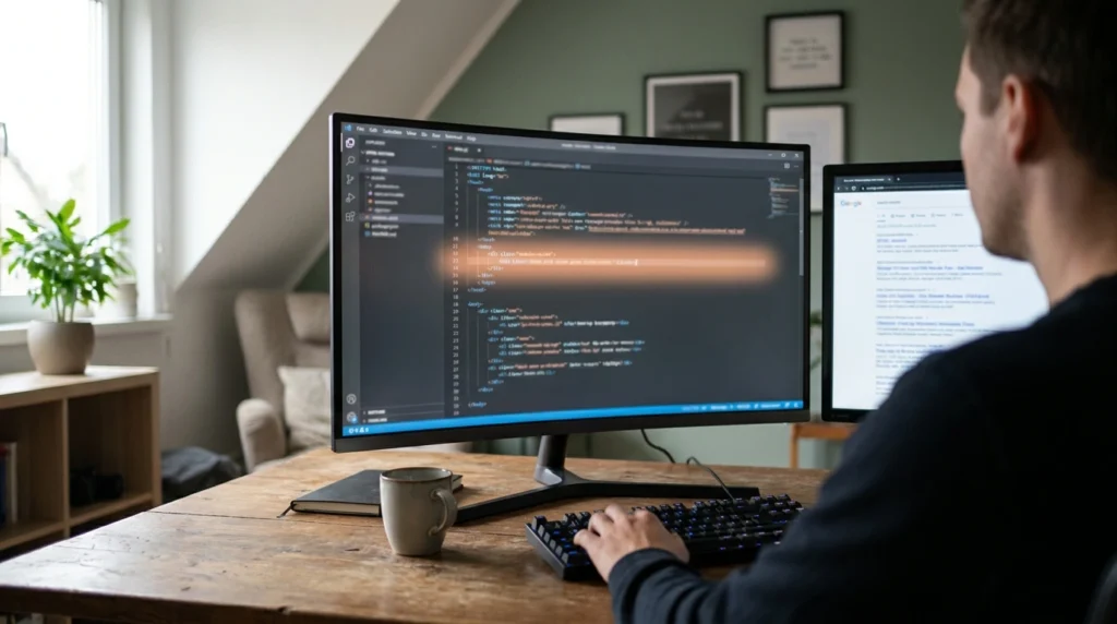 Developer viewing an empty meta keywords tag in HTML source code beside a search results page