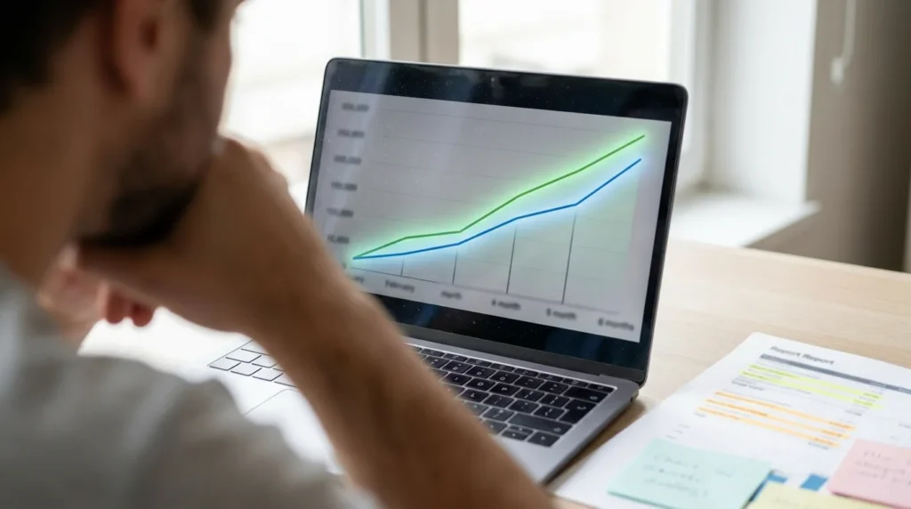 Digital marketing beginner reviewing a portfolio website's rising clicks and impressions report on a laptop