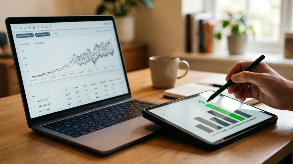 Laptop showing landing page search rankings next to a tablet showing conversion rate, tracking whether an SEO landing page is working