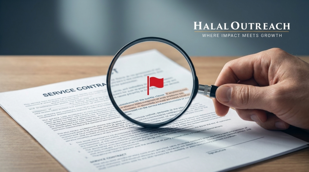 Magnifying glass highlighting a red flag icon on a printed SEO services contract