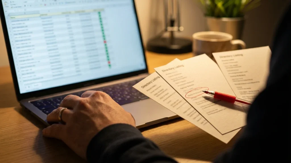 Marketer auditing business listings in a spreadsheet and circling an inconsistent phone number for NAP consistency