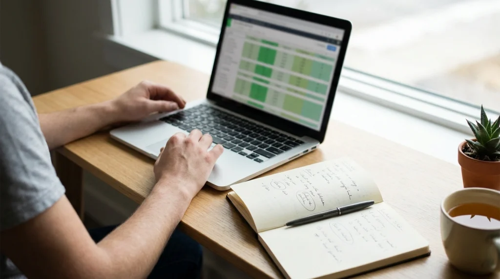 Marketer building a keyword list on a laptop with search volume and difficulty columns and handwritten seed terms in a notebook