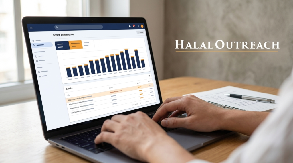 Marketer reviewing a Google Search Console performance report on a laptop to spot duplicate ranking pages