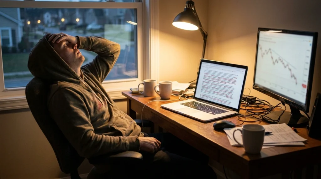 Marketer reviewing a keyword-stuffed page with repetitive text and a falling traffic graph