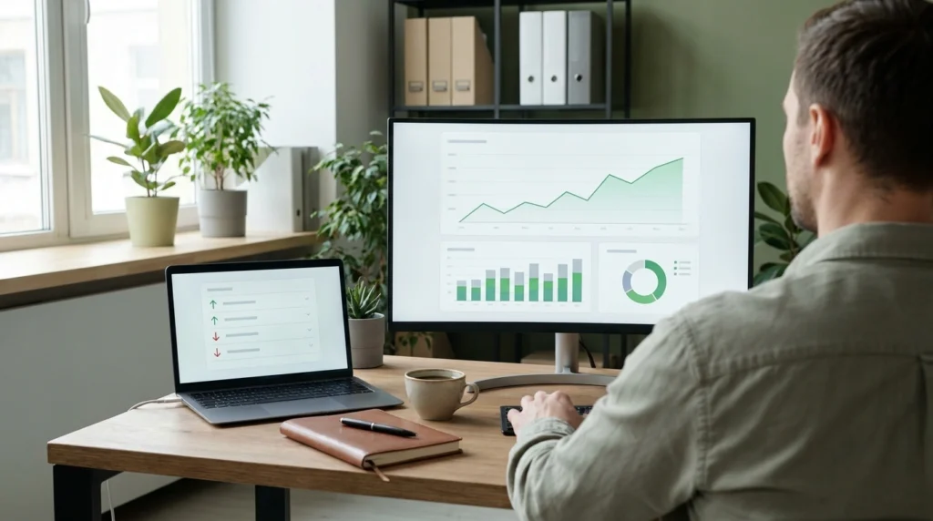 Marketer reviewing an SEO tracking dashboard with rankings, organic traffic and conversions