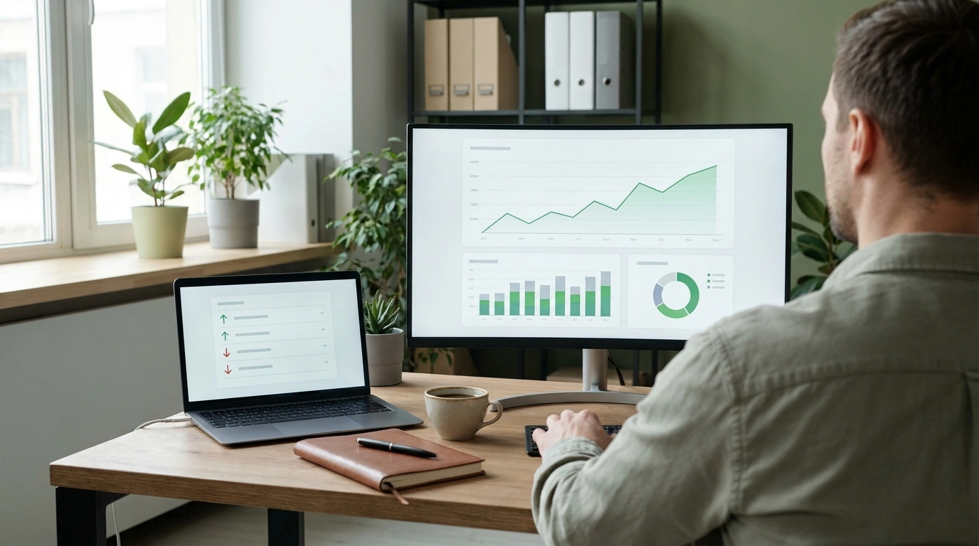 Marketer reviewing an SEO tracking dashboard with rankings, organic traffic and conversions