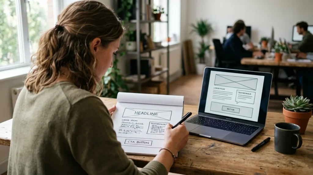 Marketer sketching the layout of an SEO landing page with a headline, content block and single call-to-action button