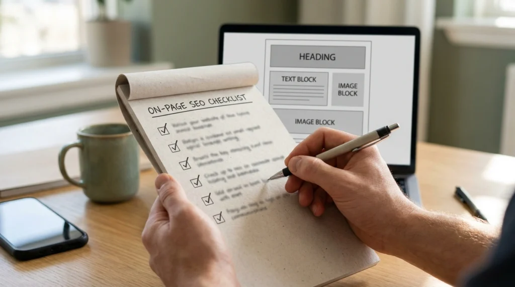Marketer writing an on-page SEO checklist covering title tag, meta description, headings, URLs and alt text
