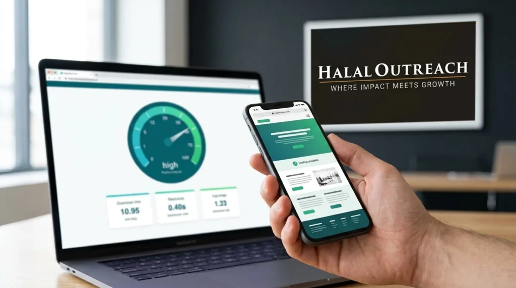 Mobile page speed test for SEO website design showing a smartphone next to a Core Web Vitals performance score