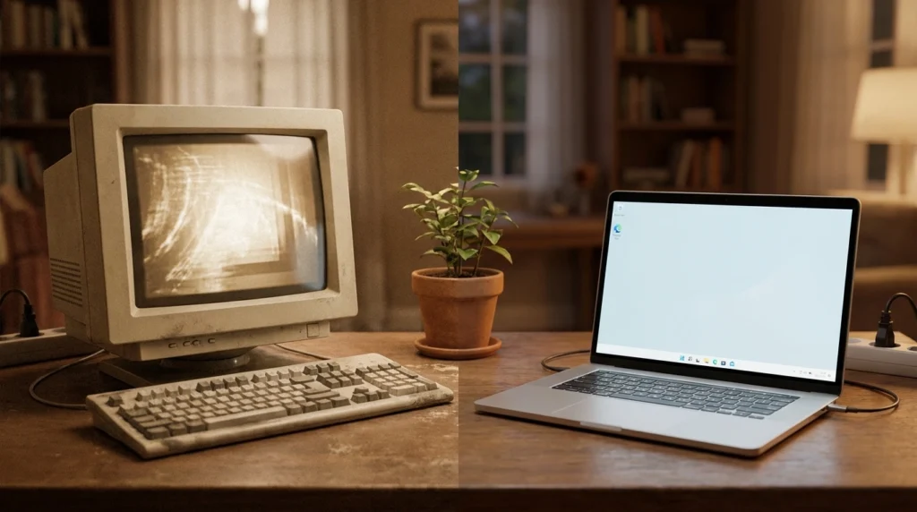 Old 1990s computer beside a modern laptop, showing how search engines moved on from meta keywords
