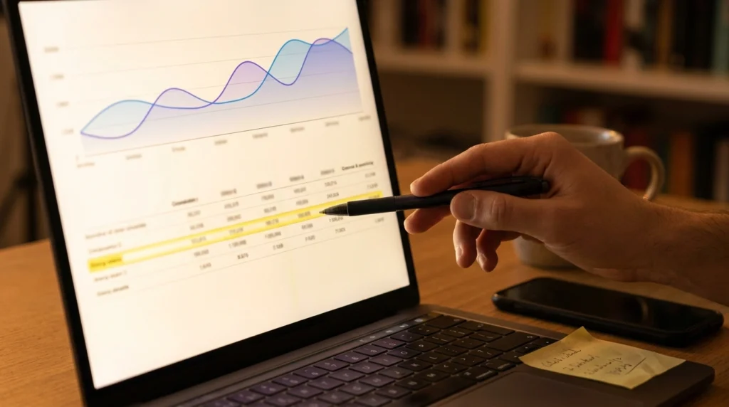 Person checking clicks, impressions and CTR in a search performance report on a laptop
