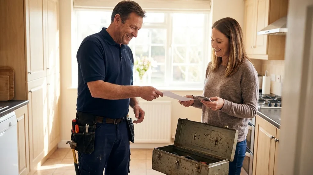 Plumber handing an invoice to a happy customer after a job, the right moment to ask for a Google review