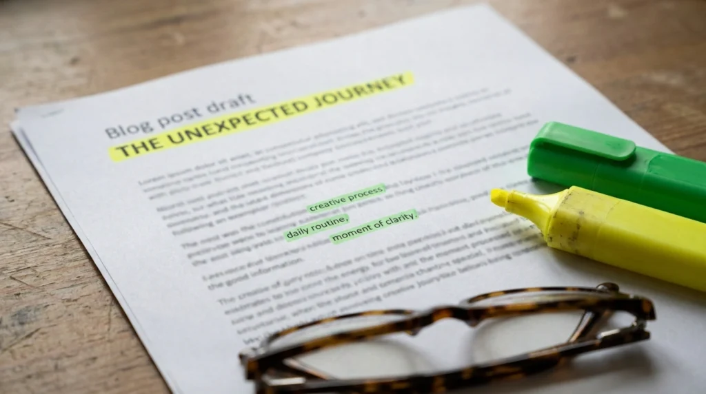 Printed blog draft with the primary keyword highlighted in yellow and secondary keywords highlighted in green
