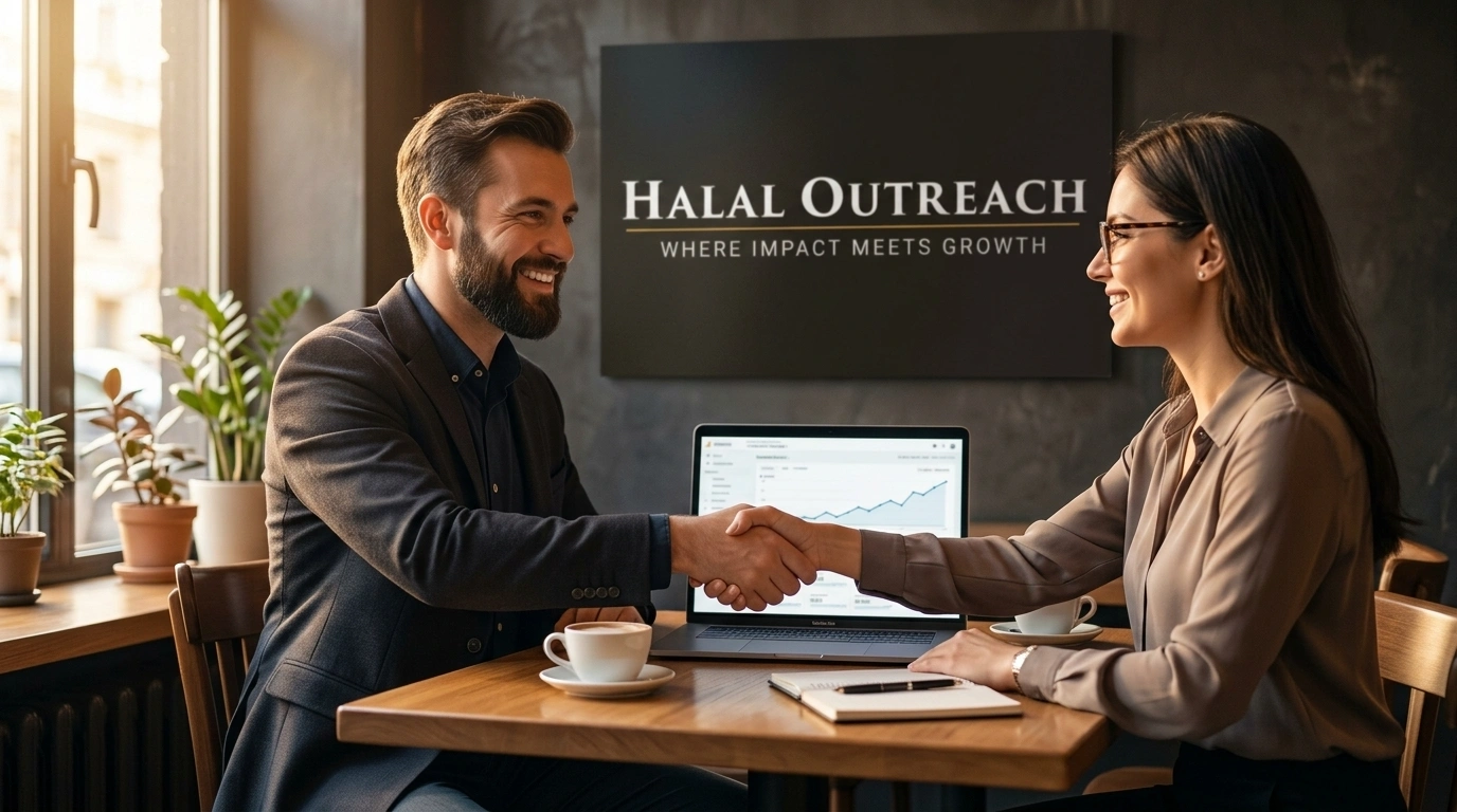 SEO consultant closing a deal with a small business owner over a laptop showing traffic growth