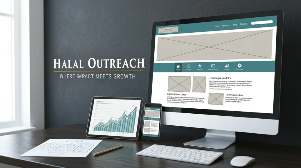 SEO website design showing a site wireframe, search ranking chart and mobile layout on a designer desk