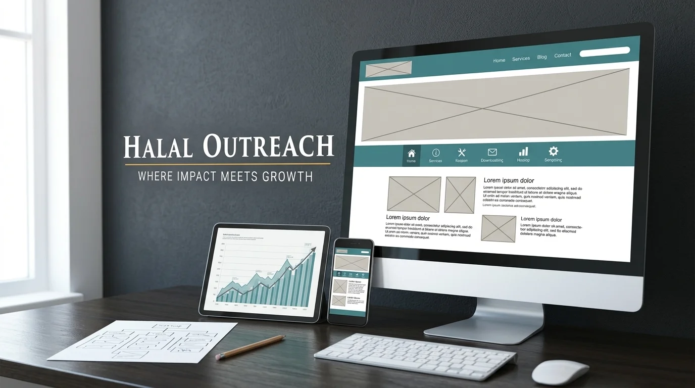 SEO website design showing a site wireframe, search ranking chart and mobile layout on a designer desk