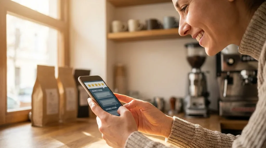 Small business owner checking Google reviews and star ratings on a smartphone to improve local SEO