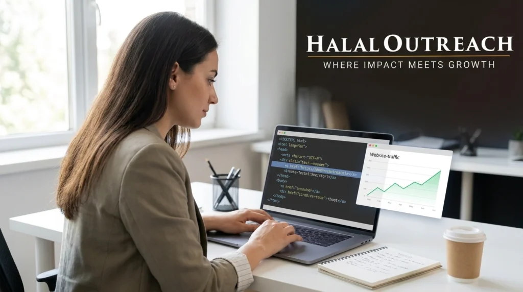 Small business owner checking a nofollow link attribute in HTML code beside a rising referral traffic graph