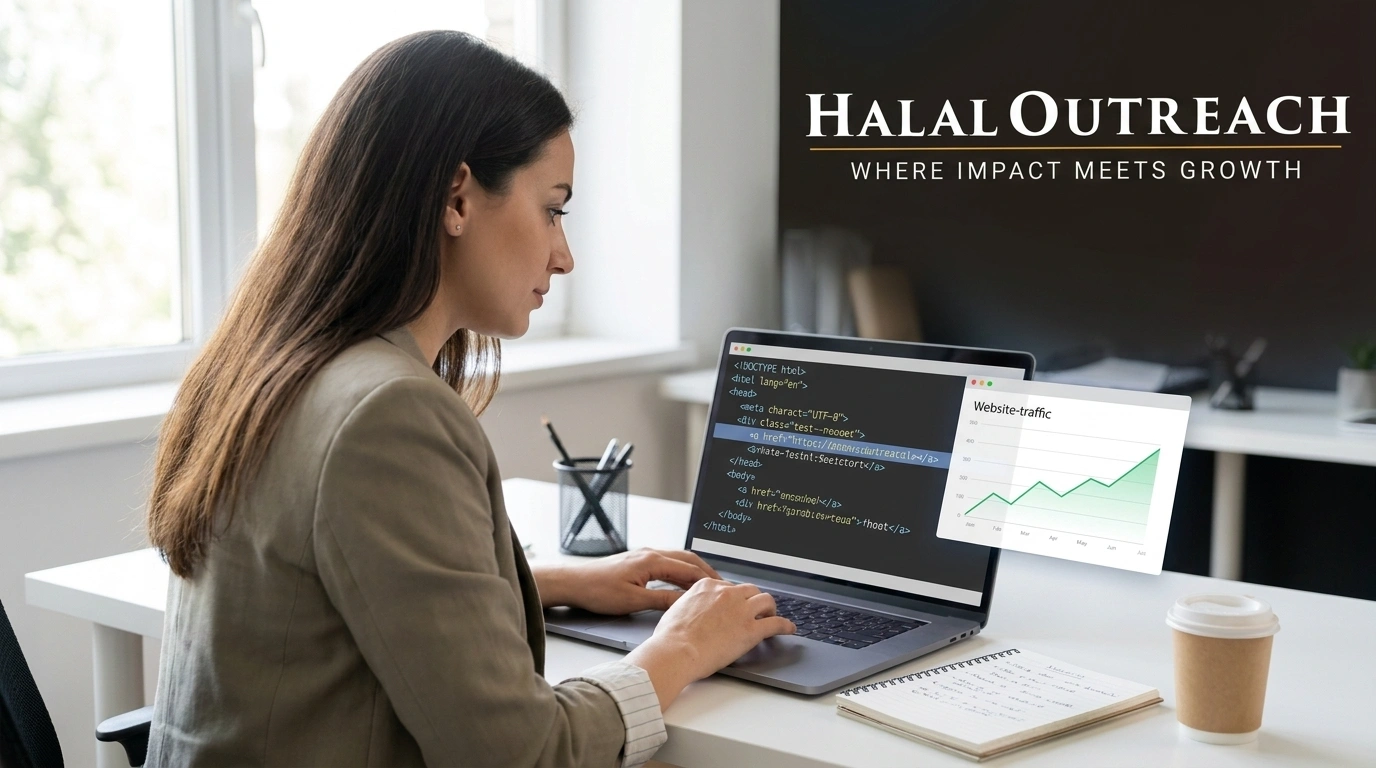 Small business owner checking a nofollow link attribute in HTML code beside a rising referral traffic graph