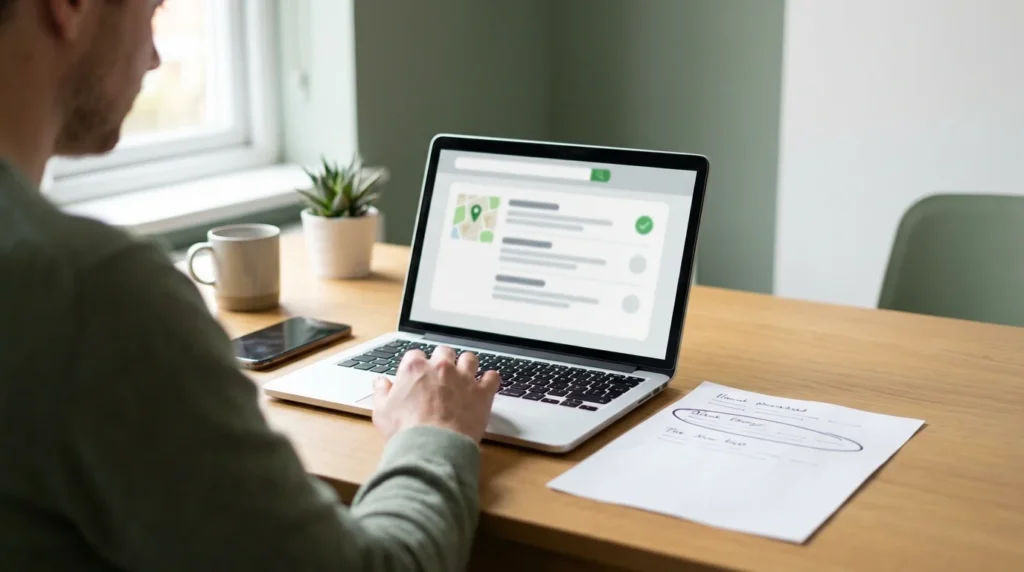 Small business owner checking the name, address and phone number on a business directory listing