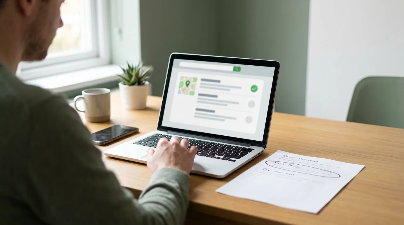 Small business owner checking the name, address and phone number on a business directory listing