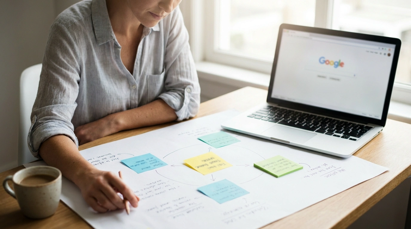 Small business owner mapping one primary keyword and a few secondary keywords for a web page on paper