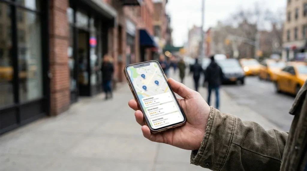 Smartphone showing a local map search with three businesses ranked by star ratings and review counts