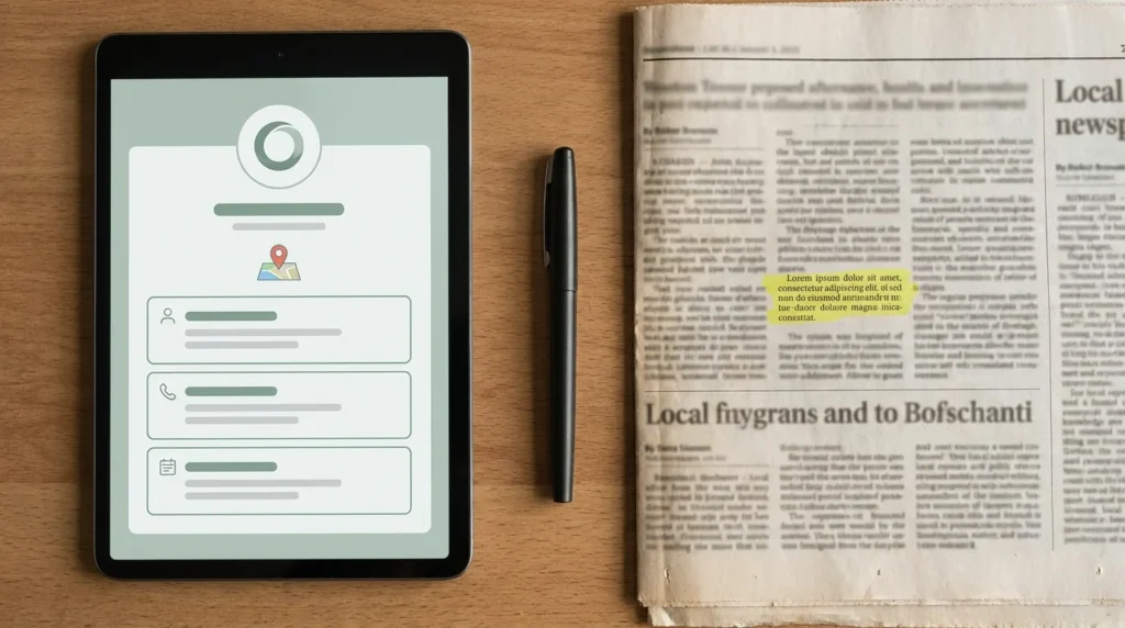 Tablet showing a directory listing beside a newspaper article, comparing structured and unstructured SEO citations