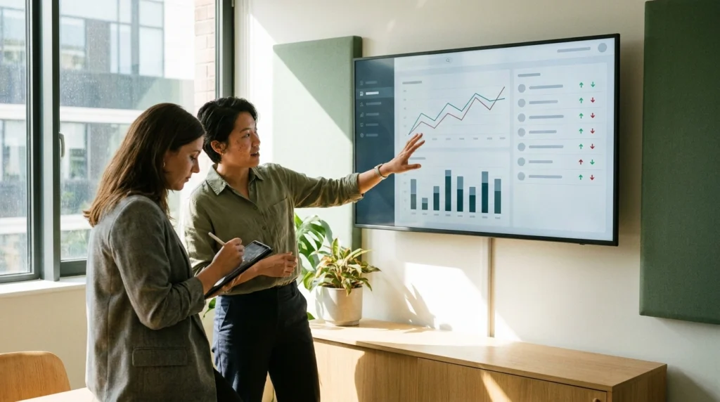Team reviewing one SEO tracking dashboard that combines traffic, conversions and keyword rankings