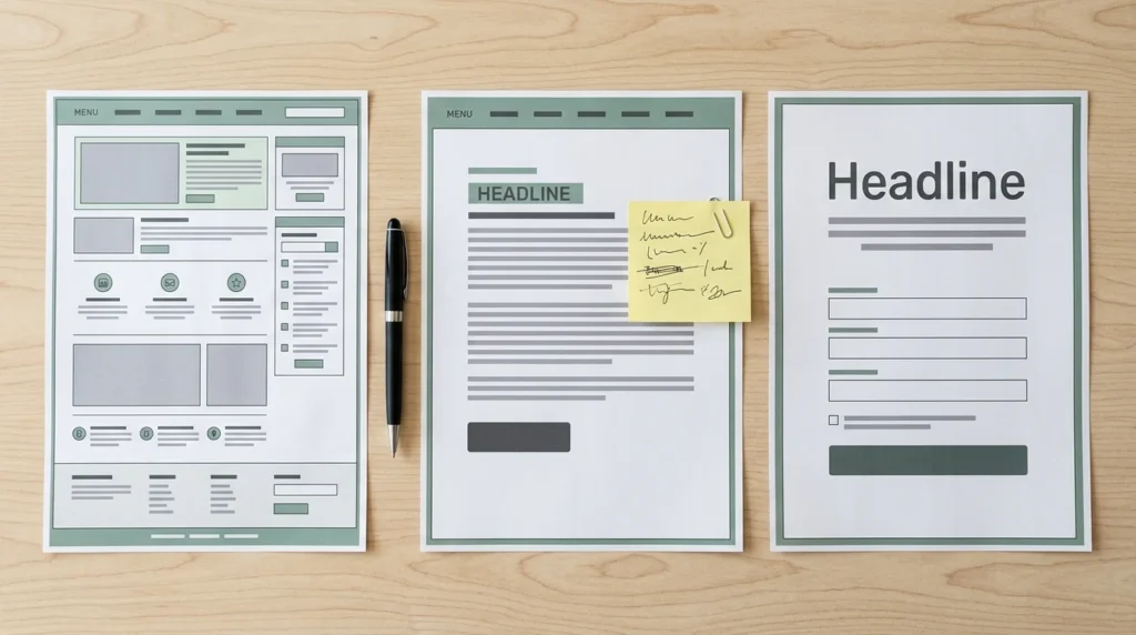 Three page mockups comparing a homepage, an SEO landing page and a PPC landing page side by side