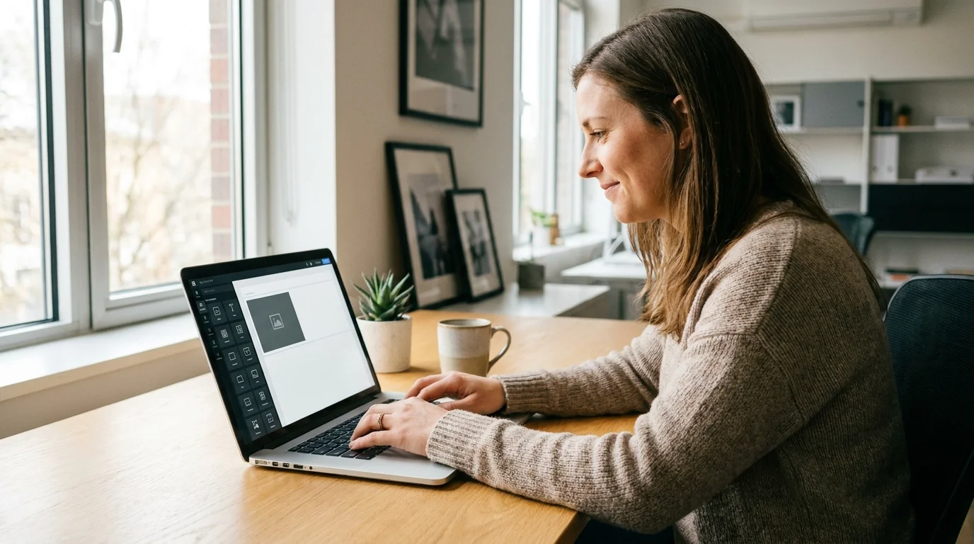 Business owner editing a WordPress website in the block editor on a laptop