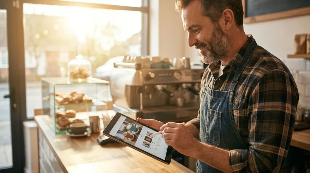Café owner updating his small business WordPress website on a tablet behind the counter