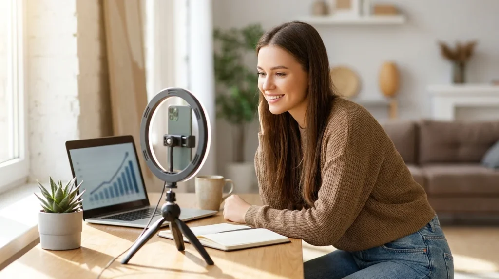 Content creator filming with a smartphone and checking earnings on a laptop to make money on social media