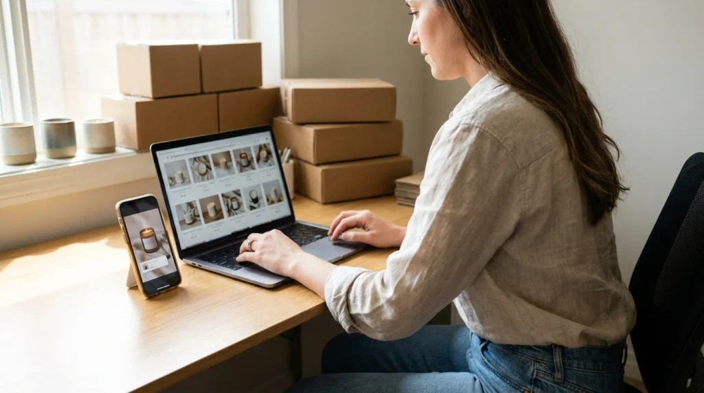 E-commerce owner connecting a product catalogue to Instagram and TikTok on a laptop beside a phone showing a shoppable post