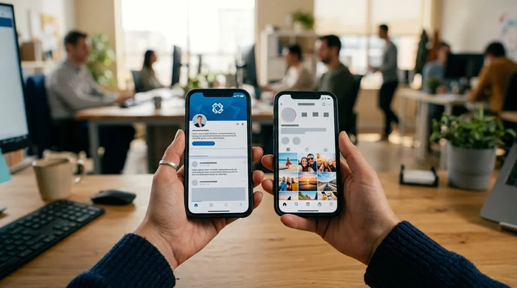 Employee holding two smartphones showing a company brand account and a personal social media account side by side