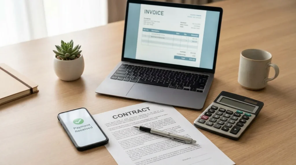 Freelance creator's desk with an invoice, contract and payment notification for brand work