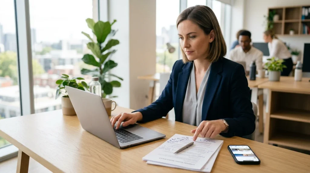 HR manager drafting a company social media policy on a laptop with a printed policy draft and smartphone on her desk