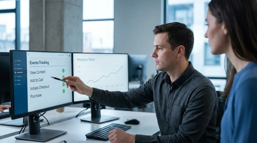 Marketer verifying Meta Pixel and Conversions API events on an analytics dashboard before launching e-commerce ads